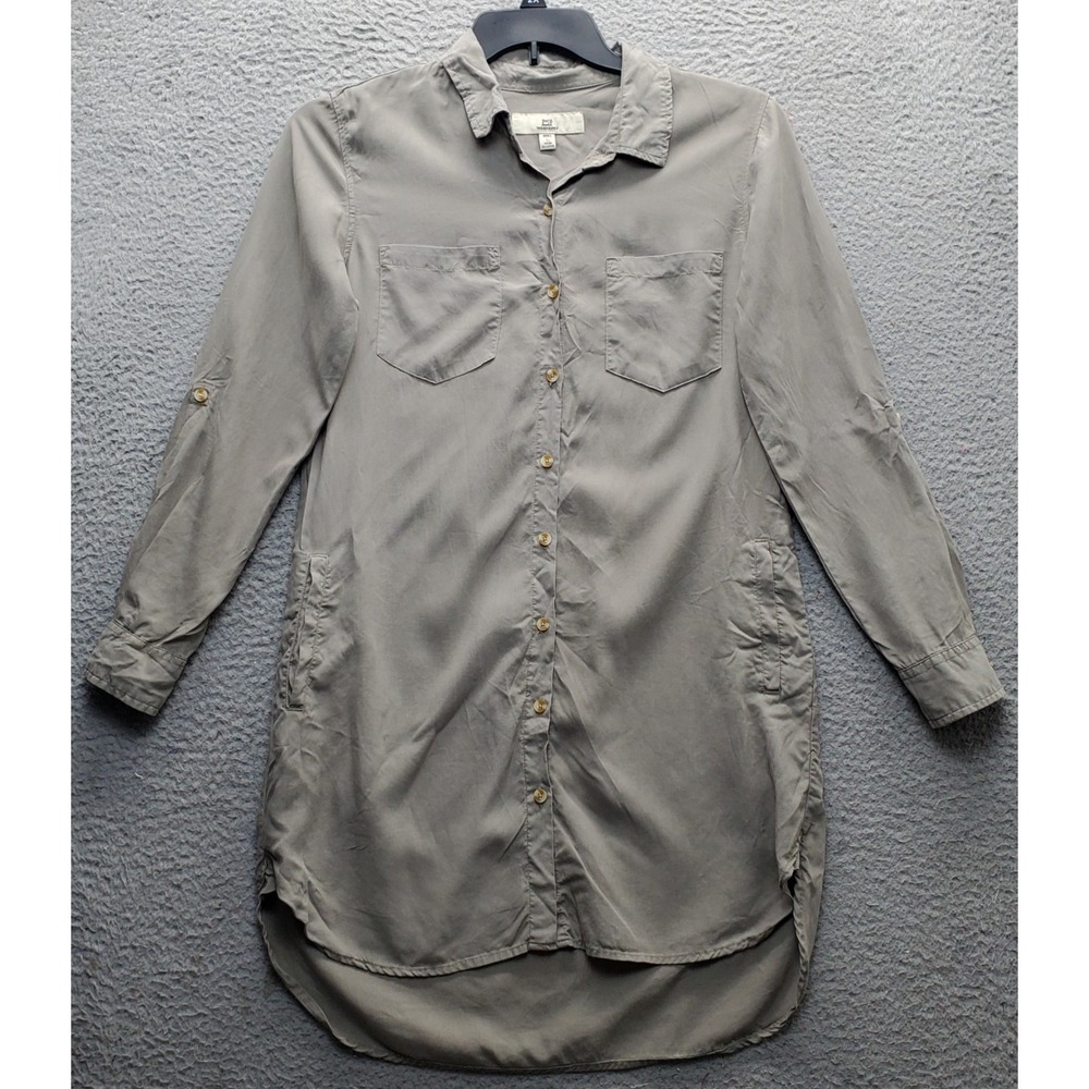Thread & Supply Shirt Dress Women's S Gray Lyocell Roll Tab Sleeve Button Front